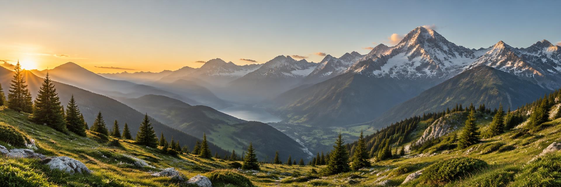 Paysage de montagnes alpines enneigées au lever du soleil